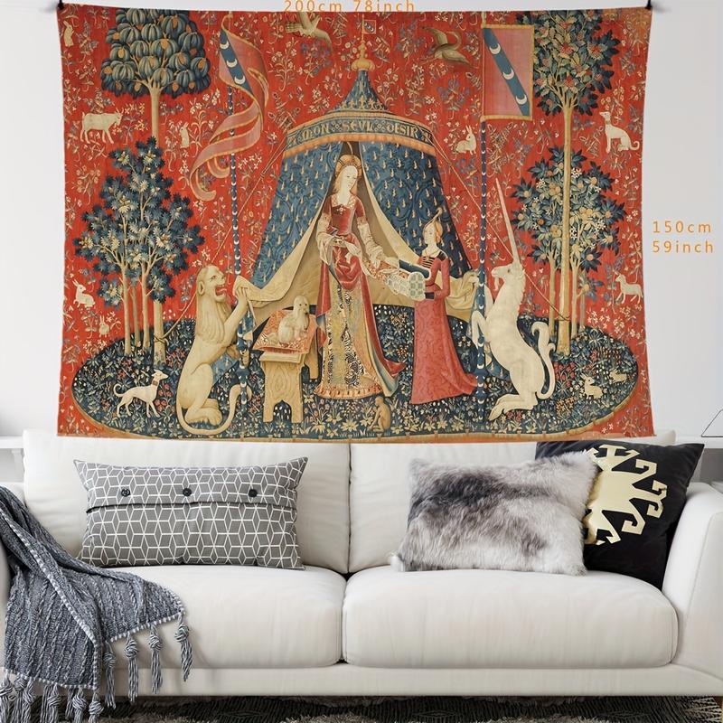 Medieval Lady & Unicorn Tapestry - European Royal-Inspired Wall Hanging For Living Room, Bedroom Decor - Polyester, Indoor Use