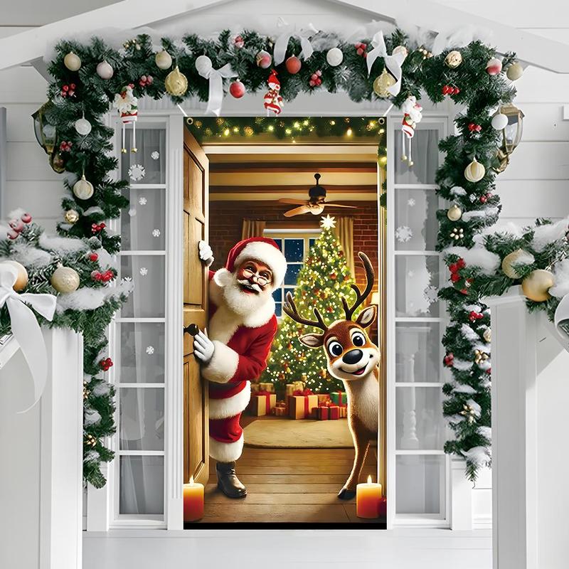 Christmas Themed Door Banner, 1 Count Santa Claus & Reindeer Pattern Door Hanging Banner, Festive & Party Supplies for Home Living Room Bedroom