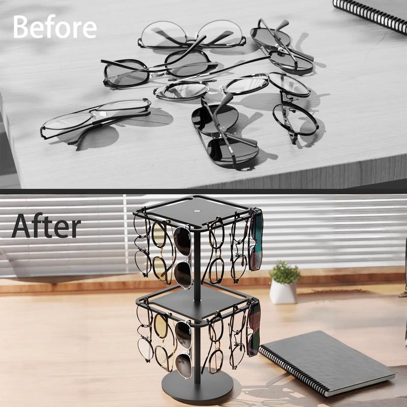 360° Rotating  Sunglasses & Eyeglasses Display Rack - Double-Tier Black Tabletop Organizer for Eyewear