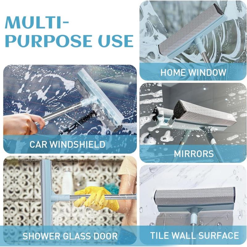 Window Squeegee for Home, 2-in-1 Window Cleaner Tool with Rubber Blade and Sponge Scrubber, Window Washing Kit with Extension Pole 44'', Scrubber for Car Windshield, Shower Door Cleaning Glass Steel