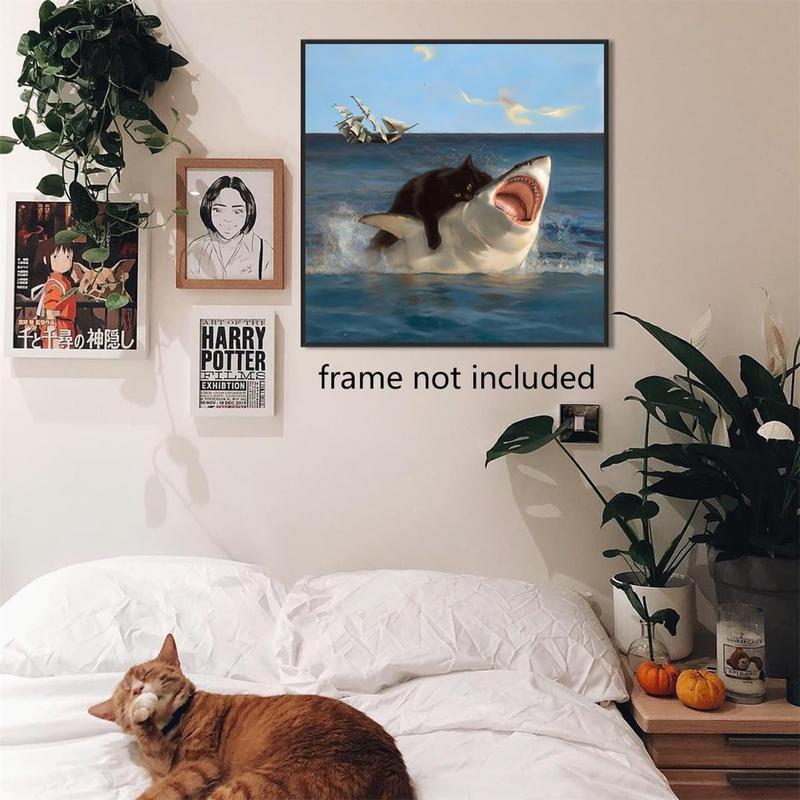 Generic Fat Cat Vs. Shark Meme In Renaissance Painting, Funny Fat Black Cat Poster, Quirky Cat and Shark Picture Canvas Print, Chonky Black Cat Wall Art for Cat Lover  Unframed Decor Artwork Decor Artwork