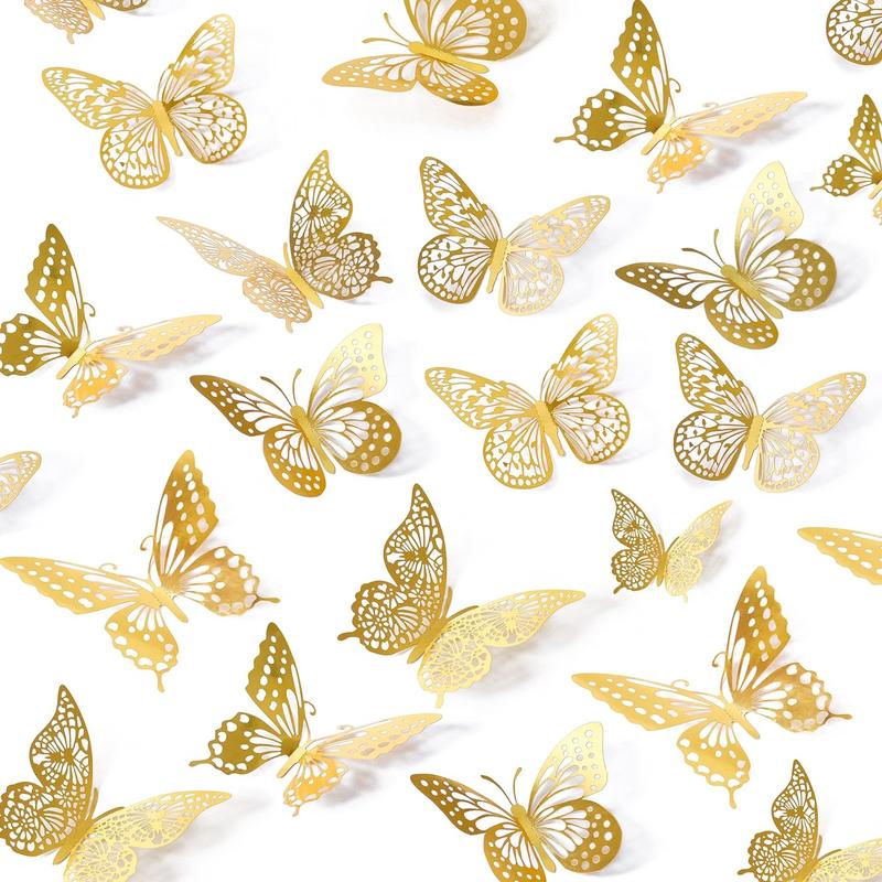 48-Piece 3D Gold Butterfly Wall Decor Set in 4 Styles & 3 Sizes, Removable Stickers for Birthday & Party Cake Decorations Decorative