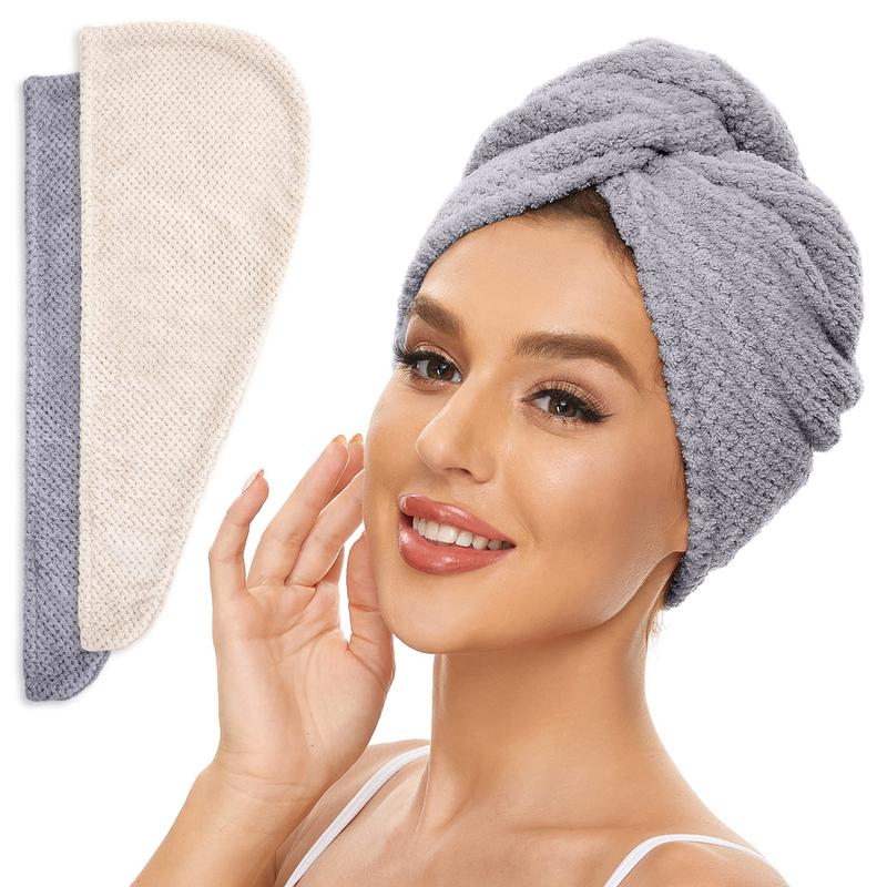 2 Pack Microfiber Hair Towel Wrap for Women, Anti Frizz Quick Drying Hair Turban for All Hair Style, Absorbent and Lightweight