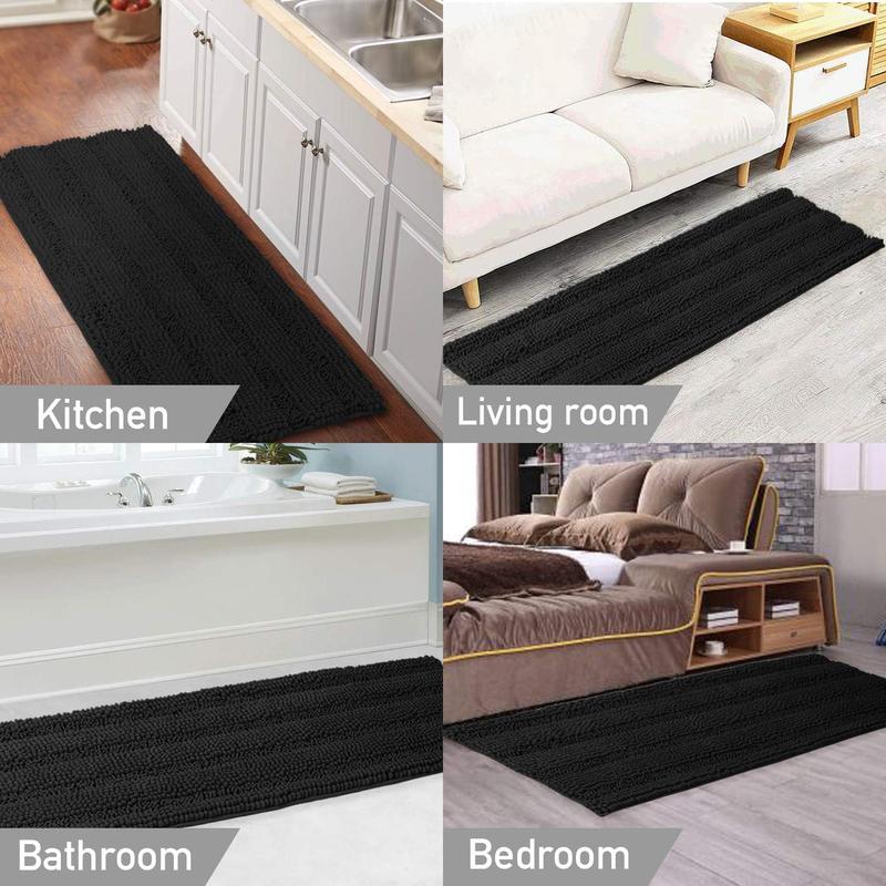 Non Slip Shaggy Chenille Bathroom Rugs Black Bathroom Rug Mat Extra Long Large Bath Rug 47 x 17 Kitchen Rugs and Mats, Super Water Absorbent & Soft Washable Bath Rug for Bathroom, Black