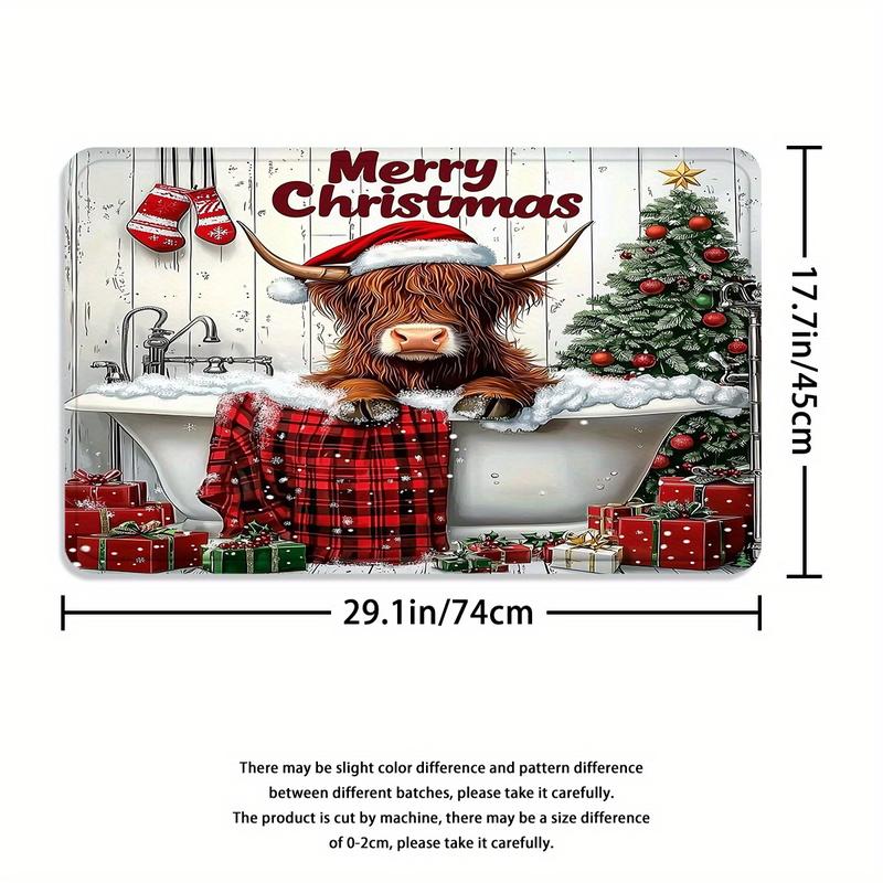 4-Piece Set Christmas Shower Curtain Suit, Yak Shower Curtain, Red Plaid Shower Curtain, Christmas Bathtub Cow Shower Curtain, Shower Curtain Waterproof Fabric Bathroom Decorative Curtain with 12 One Hooks, Non-Slip Bathroom Mat Toilet Mat Suit, Bath Mat,