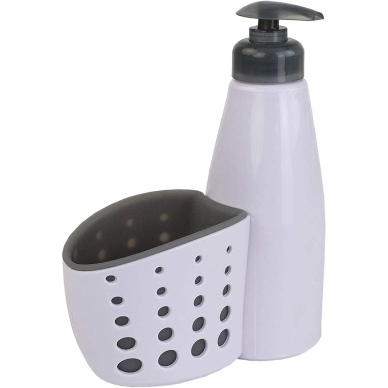 Countertop soap pump dispenser with perforated sponge holder accessory box, white - with sponge Plastic