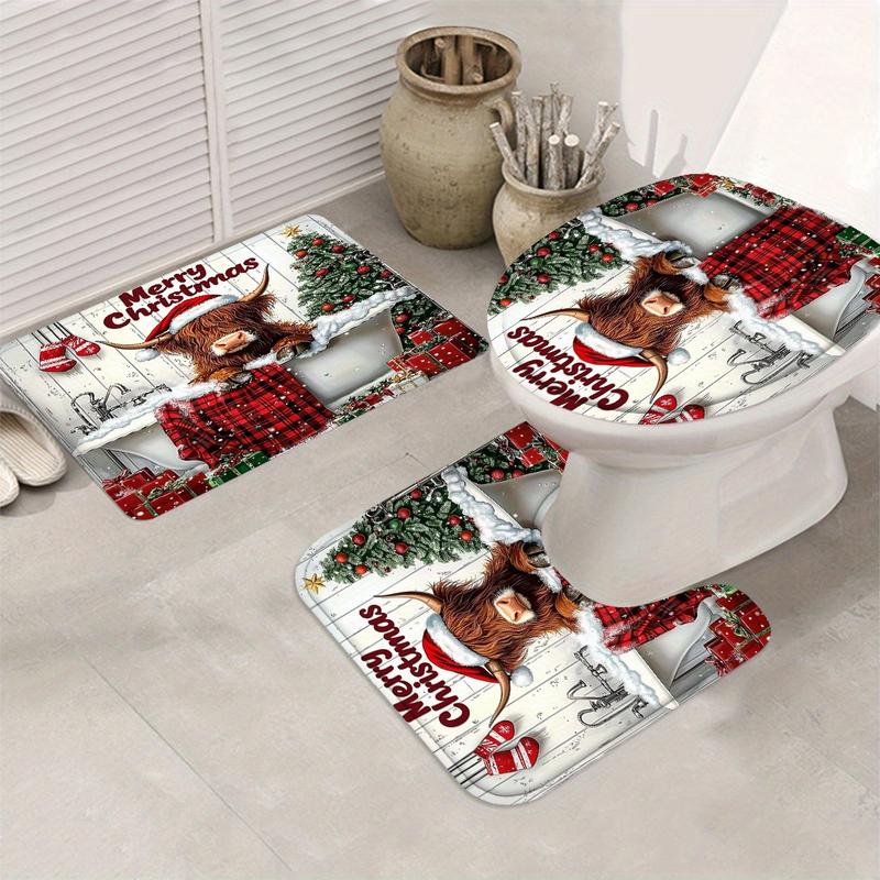 4-Piece Set Christmas Shower Curtain Suit, Yak Shower Curtain, Red Plaid Shower Curtain, Christmas Bathtub Cow Shower Curtain, Shower Curtain Waterproof Fabric Bathroom Decorative Curtain with 12 One Hooks, Non-Slip Bathroom Mat Toilet Mat Suit, Bath Mat,