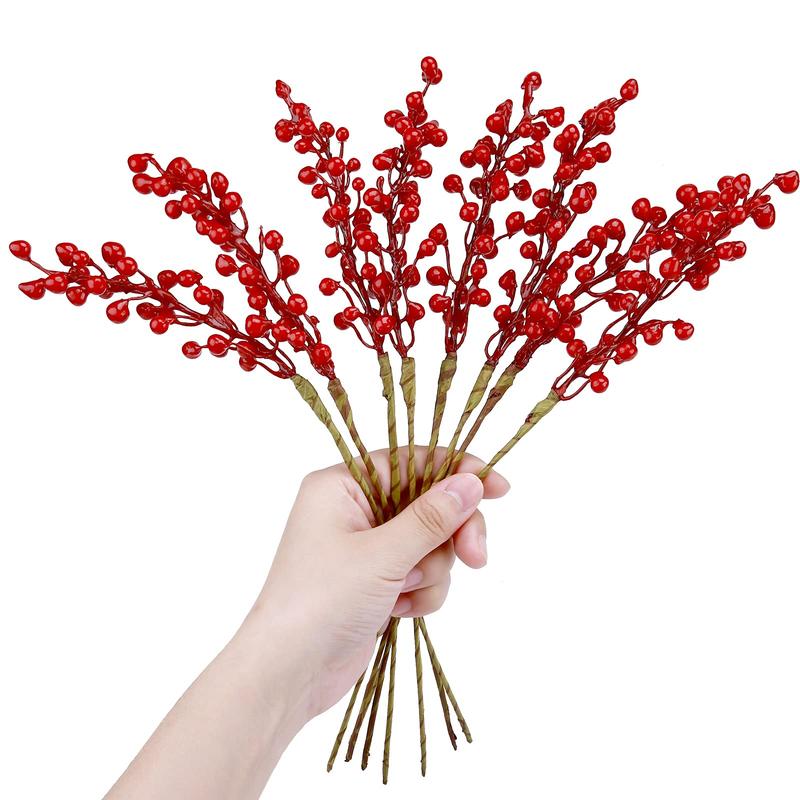 16 Pack Artificial Red Berry Stems Holly for Christmas Tree Decorations for Crafts, Holiday and Home Decor Decorative Fruit Ornaments Plants Wedding Garland Round Props