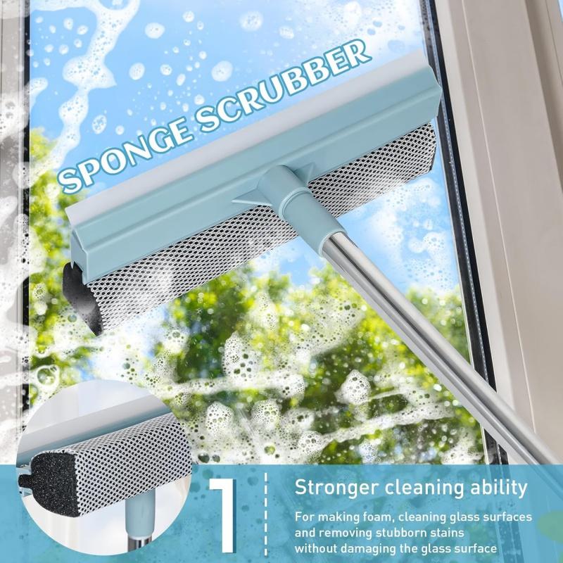 Window Squeegee for Home, 2-in-1 Window Cleaner Tool with Rubber Blade and Sponge Scrubber, Window Washing Kit with Extension Pole 44'', Scrubber for Car Windshield, Shower Door Cleaning Glass Steel