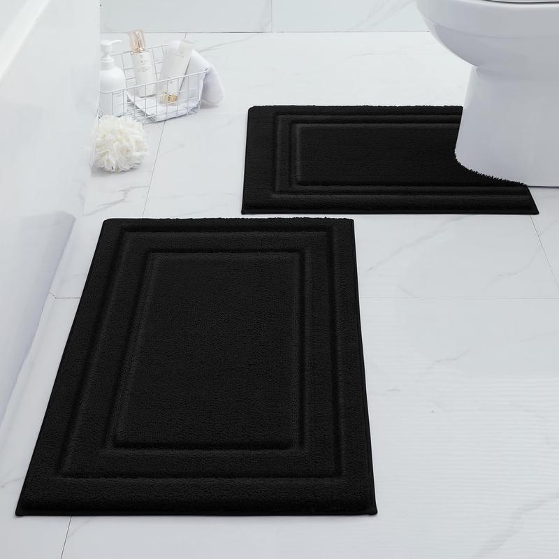 Bathroom Rugs Sets 2 , Super Soft and Absorbent Non Slip Microfiber Machine Washable U-Shaped Toilet Bath Mat Set (Black)