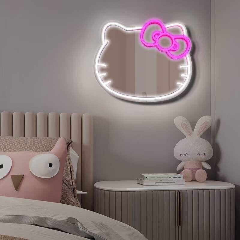 Kitty face Home Decor Mirror Kitty face shape Mirror, Bedroom Wall Mirror, Anime Neon Sign for Dresser, Locker Room,Living Room, Neon Light up Acrylic Mirror with Dimmable