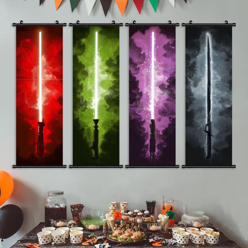 Lightsaber Pattern Hanging Wall Art Poster, 4 Counts set Modern Vertical Scroll Painting Decorating Banner, Fashion Wall Art Decor for Home Living Room Bedroom, Wall Art Painting Room Decor, Christmas 2024 Ornament, Christmas Gift Ideas, Stocking Stuffers