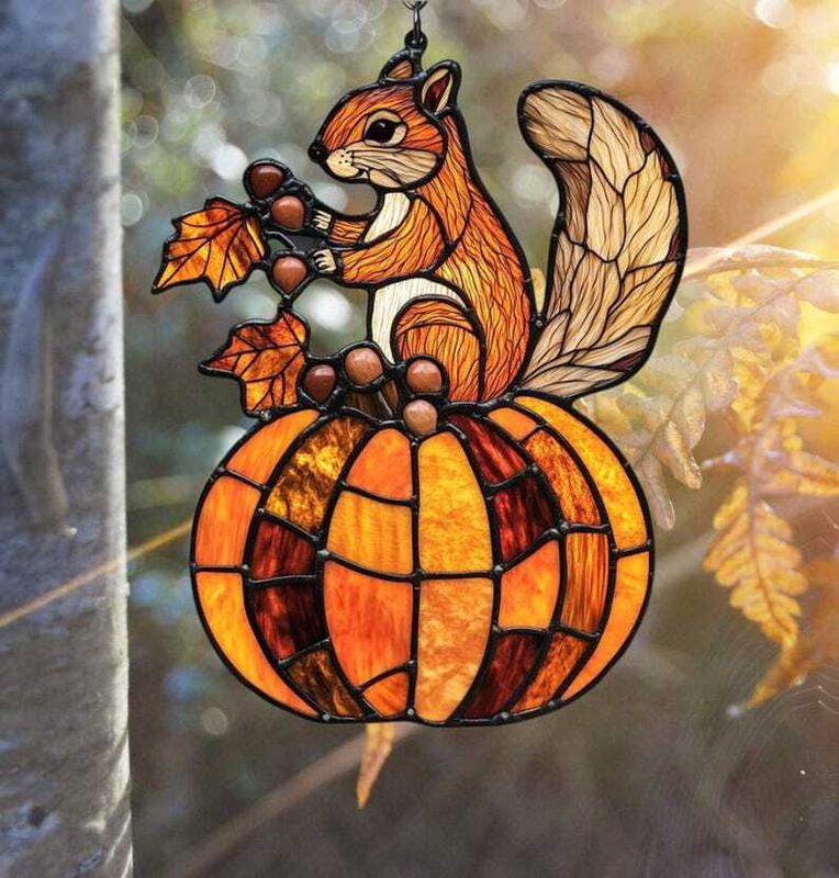 Autumn Squirrel Acrylic Window Hanging, Wild Animal Wall Art, Suncatcher Home Decor, Squirrel Ornament, Housewarming Gift for Nature Lovers