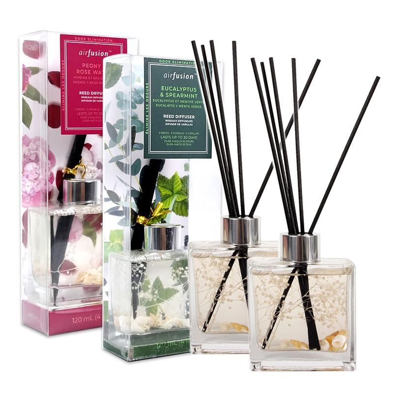 2 PCS  8 fl. oz  Air Fusion Reed Diffuser Set with Sticks, Essential Incense Oil Air Freshener for Bathroom, Office, Gym, and Bedroom Fragrance,Clean Cotton，Mandarin & Ginger，Eucalyptus & Spearmint