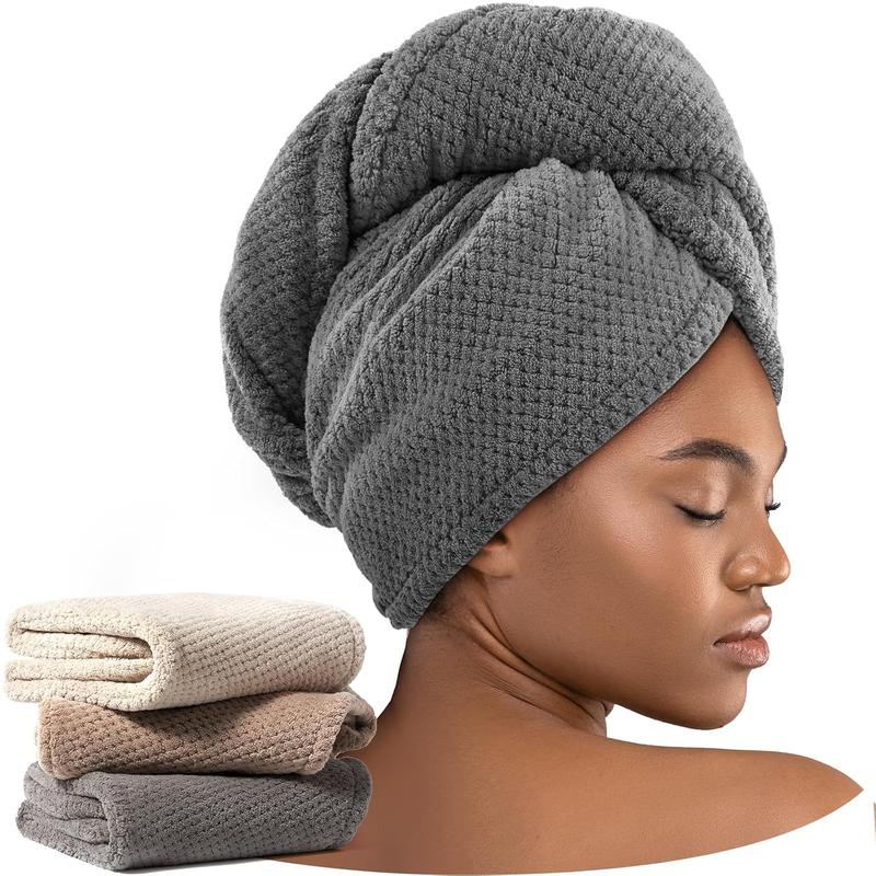 3 Pack Microfiber Hair Towel Wrap for Curly Hair, Super Absorbent Hair Drying Towel for Women, K ids, Hair Care Accessories, Hair Turban for Wet Hair (Grey, Camel, Brown)