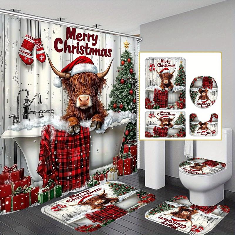 4-Piece Set Christmas Shower Curtain Suit, Yak Shower Curtain, Red Plaid Shower Curtain, Christmas Bathtub Cow Shower Curtain, Shower Curtain Waterproof Fabric Bathroom Decorative Curtain with 12 One Hooks, Non-Slip Bathroom Mat Toilet Mat Suit, Bath Mat,