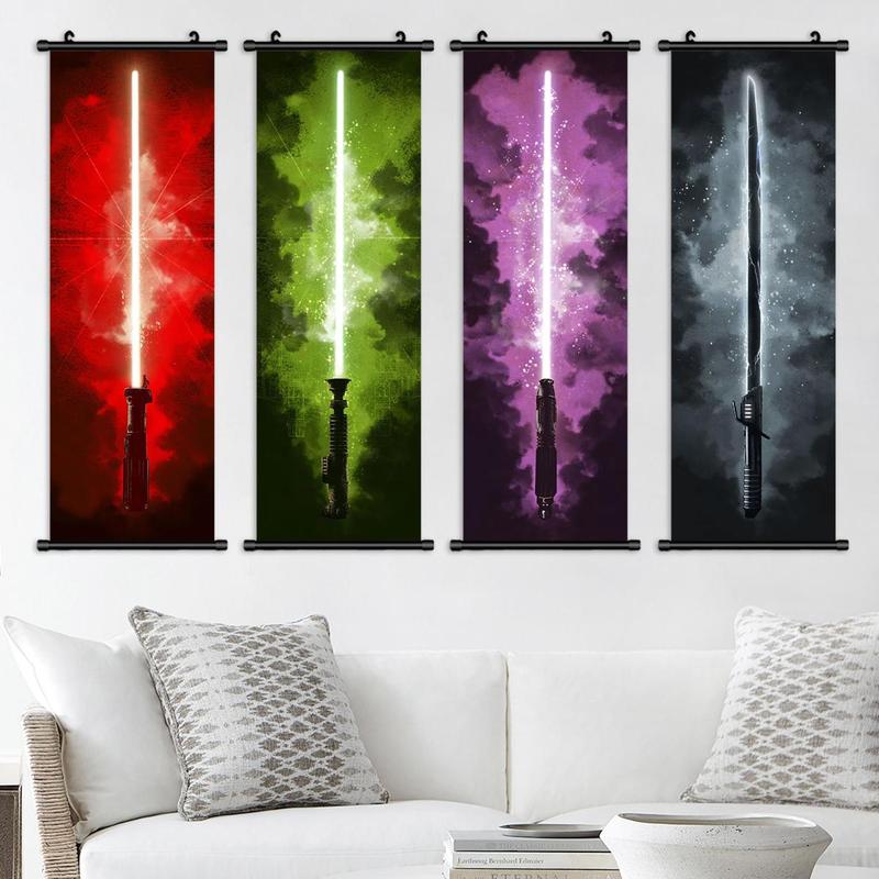 Lightsaber Pattern Hanging Wall Art Poster, 4 Counts set Modern Vertical Scroll Painting Decorating Banner, Fashion Wall Art Decor for Home Living Room Bedroom, Wall Art Painting Room Decor, Christmas 2024 Ornament, Christmas Gift Ideas, Stocking Stuffers