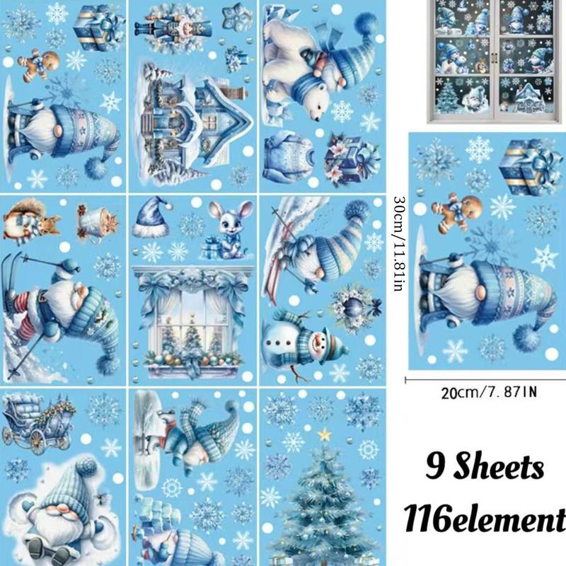 Christmas Themed Window Sticker, 9 Sheets set Snowman & Santa Claus & Snowflake Pattern Window Decal, Decorative Sticker for Home Party Festival