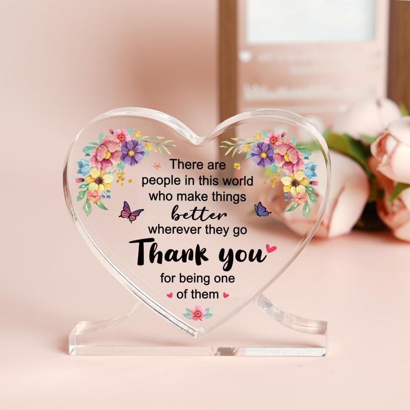 Acrylic Heart Shaped Ornament, Creative Flower & Letter Pattern Desktop Decoration, Thank You Gift for Women, Teacher, Boss, Nurse, Colleague