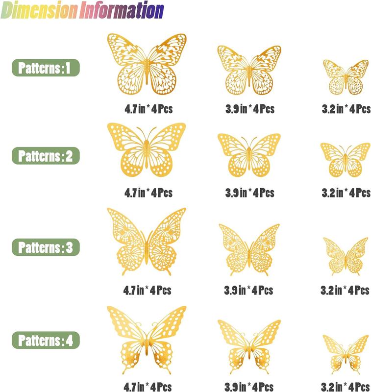 48-Piece 3D Gold Butterfly Wall Decor Set in 4 Styles & 3 Sizes, Removable Stickers for Birthday & Party Cake Decorations Decorative