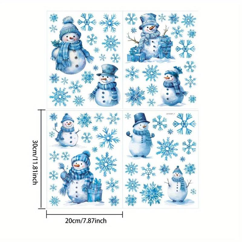 Snowman & Snowflake Pattern Window Sticker, 4 Counts set Reusable Self Adhesive Window Decal, Christmas Decorative Sticker for Home Living Room Bedroom