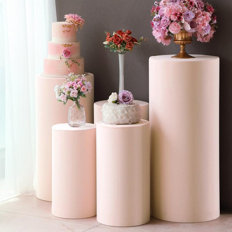 Set of 5 Blush Cylinder Stretch Fitted Pedestal Pillar Prop Covers, Spandex Plinth Display Box Stand Covers - 160 GSM