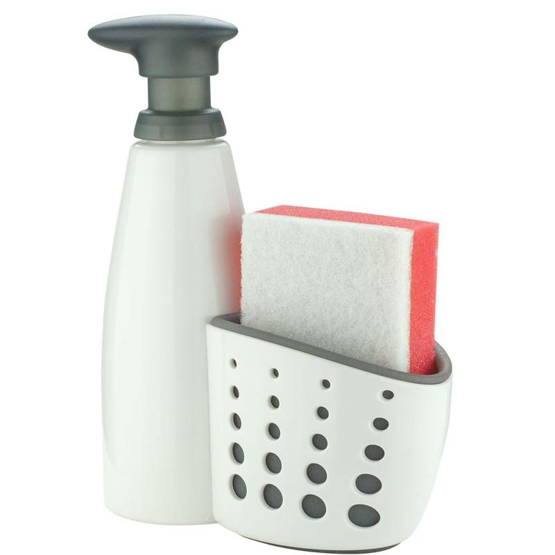 Countertop soap pump dispenser with perforated sponge holder accessory box, white - with sponge Plastic