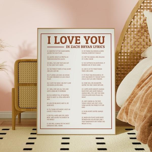 I Love You Lyrics Poster, Coastal Cowgirl, Tour Merch, Country Gallery Wall, Burnt Orange | Poster No Frame