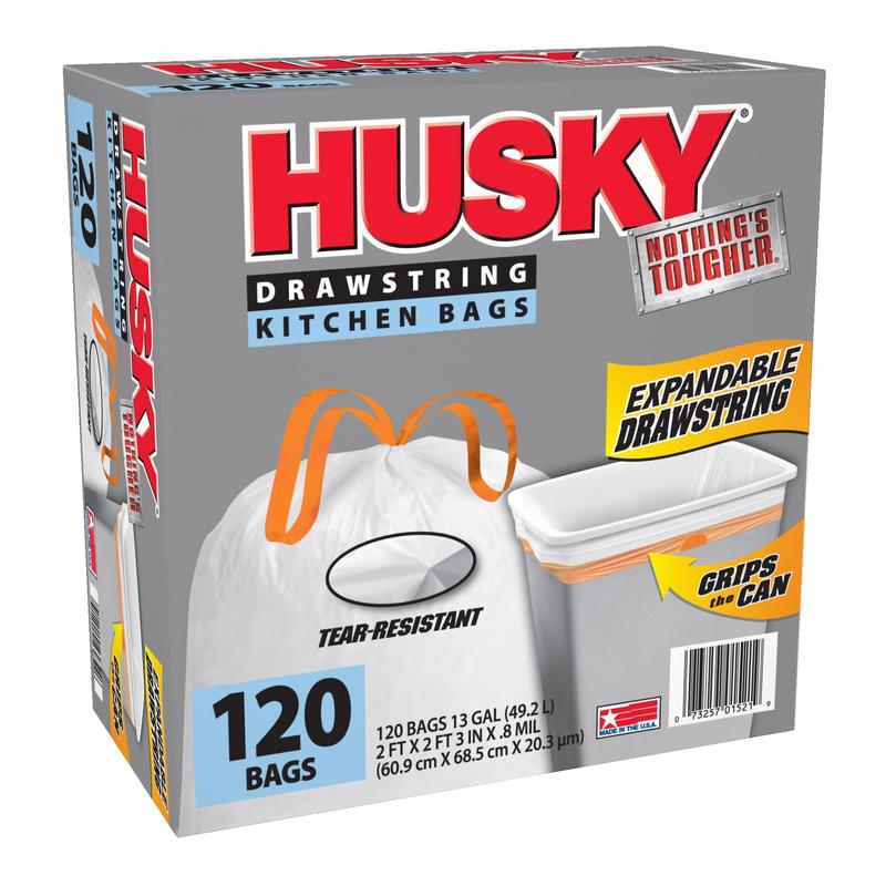 Husky Tall Kitchen White Trash Bags, 13 Gallon, 120 Bags (Expandable Drawstring, 20% PCR)