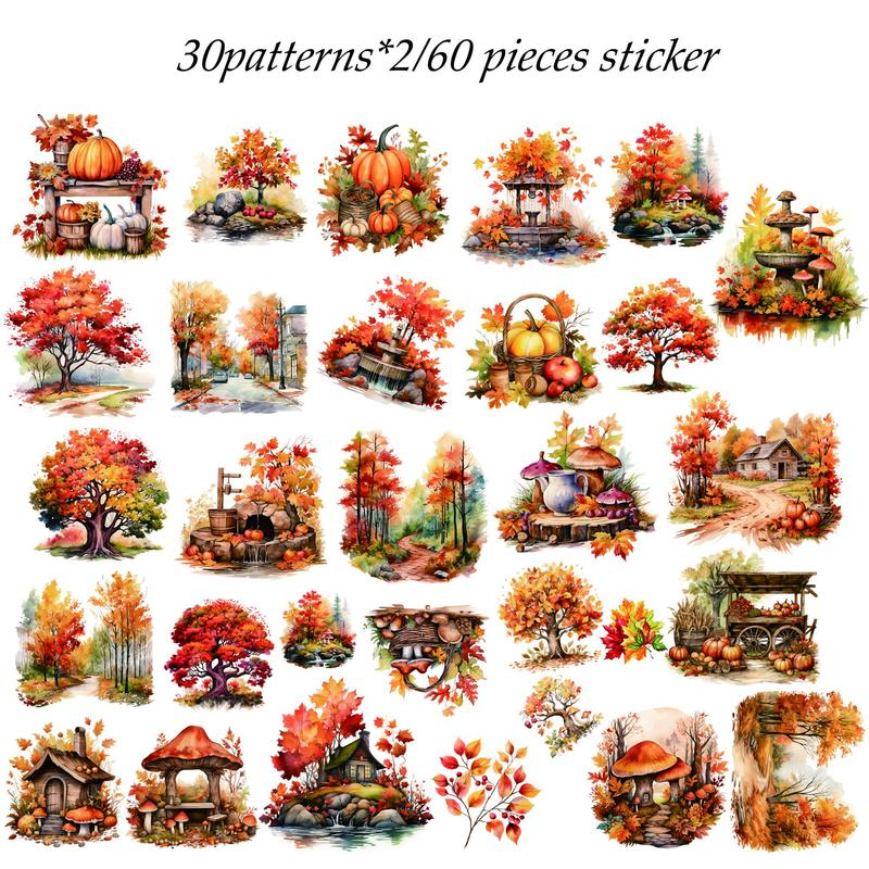 Autumn Forest Pattern Sticker Set, 72pcs set Including 12pcs  Papers & 60pcs Stickers, Decoration Sticker for Phone Case, Computer, Guitar, Bag, Water Cup, Scrapbook