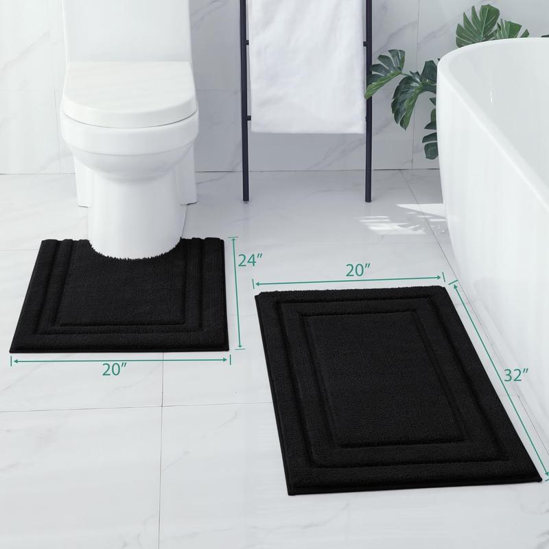 Bathroom Rugs Sets 2 , Super Soft and Absorbent Non Slip Microfiber Machine Washable U-Shaped Toilet Bath Mat Set (Black)