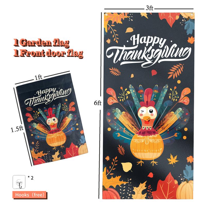 Thanksgiving Turkey  6ft*3ft Front Door Flag, 1.5ft*1ft Garden Flag Double Sided Printed Linen  Decor Flag for Holiday Yard Decoration