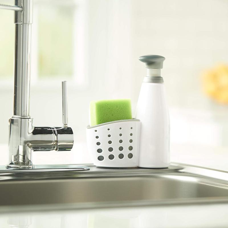 Countertop soap pump dispenser with perforated sponge holder accessory box, white - with sponge Plastic