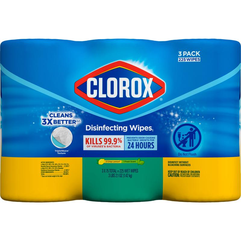 Clorox Disinfecting Wipes, (225 Count Value Pack), Crisp Lemon and Fresh Scent - 3 Pack - 75 Count Each