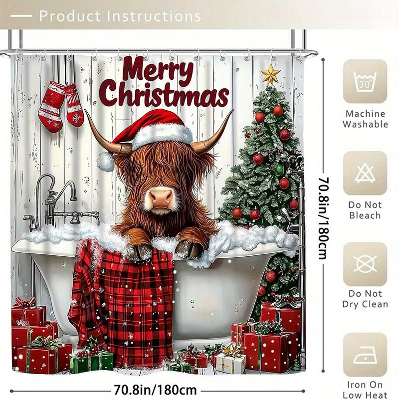 4-Piece Set Christmas Shower Curtain Suit, Yak Shower Curtain, Red Plaid Shower Curtain, Christmas Bathtub Cow Shower Curtain, Shower Curtain Waterproof Fabric Bathroom Decorative Curtain with 12 One Hooks, Non-Slip Bathroom Mat Toilet Mat Suit, Bath Mat,