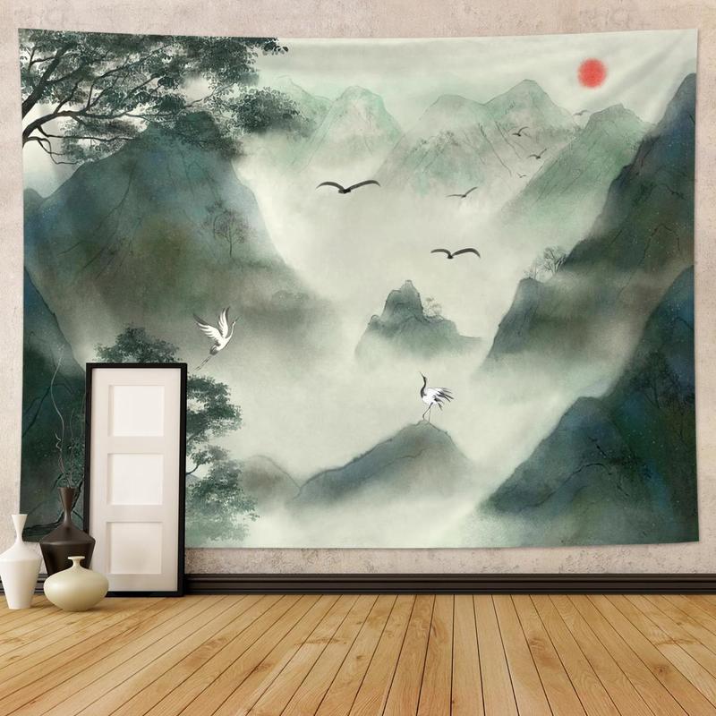 Ink Wash Landscape Pattern Tapestry, 1 Count Mist Forest & Natural Landscape Pattern Tapestry, Aesthetic Tapestry for Bedroom, Living Room, Dormitory, Office Decoration