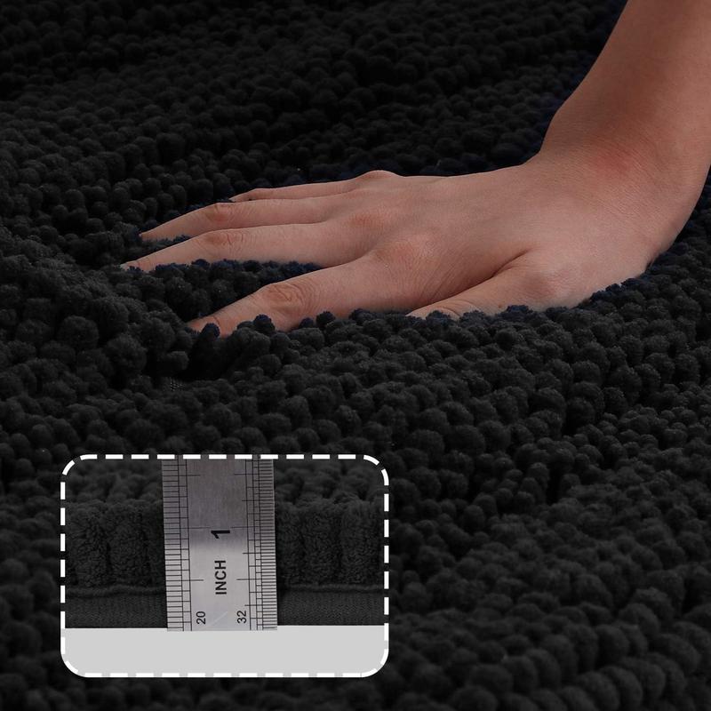 Non Slip Shaggy Chenille Bathroom Rugs Black Bathroom Rug Mat Extra Long Large Bath Rug 47 x 17 Kitchen Rugs and Mats, Super Water Absorbent & Soft Washable Bath Rug for Bathroom, Black