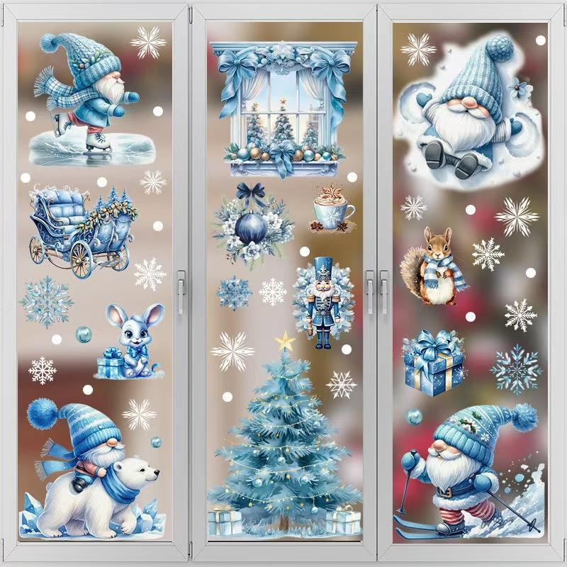 Christmas Themed Window Sticker, 9 Sheets set Snowman & Santa Claus & Snowflake Pattern Window Decal, Decorative Sticker for Home Party Festival