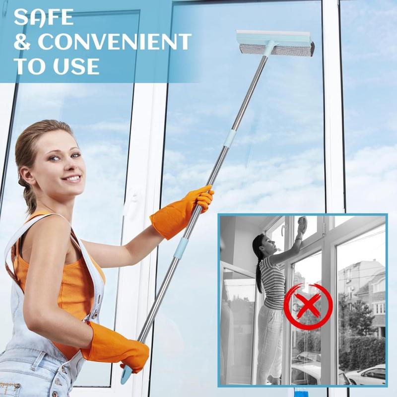 Window Squeegee for Home, 2-in-1 Window Cleaner Tool with Rubber Blade and Sponge Scrubber, Window Washing Kit with Extension Pole 44'', Scrubber for Car Windshield, Shower Door Cleaning Glass Steel