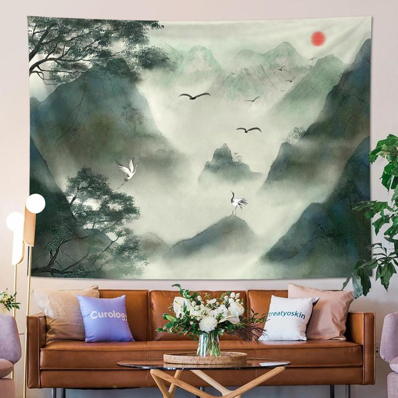 Ink Wash Landscape Pattern Tapestry, 1 Count Mist Forest & Natural Landscape Pattern Tapestry, Aesthetic Tapestry for Bedroom, Living Room, Dormitory, Office Decoration