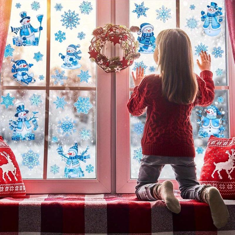 Snowman & Snowflake Pattern Window Sticker, 4 Counts set Reusable Self Adhesive Window Decal, Christmas Decorative Sticker for Home Living Room Bedroom