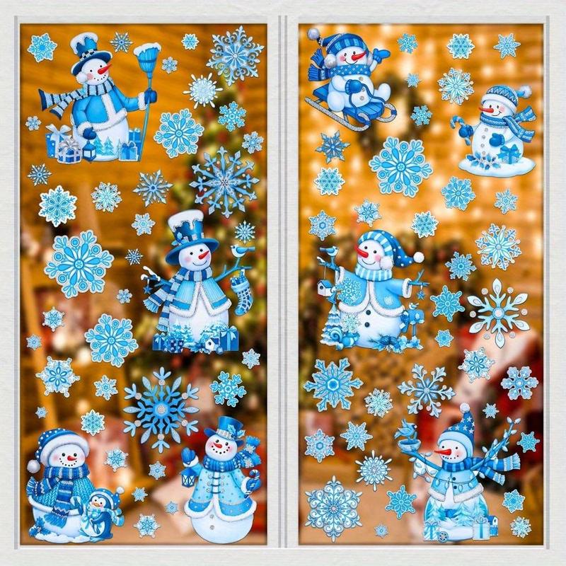 Snowman & Snowflake Pattern Window Sticker, 4 Counts set Reusable Self Adhesive Window Decal, Christmas Decorative Sticker for Home Living Room Bedroom