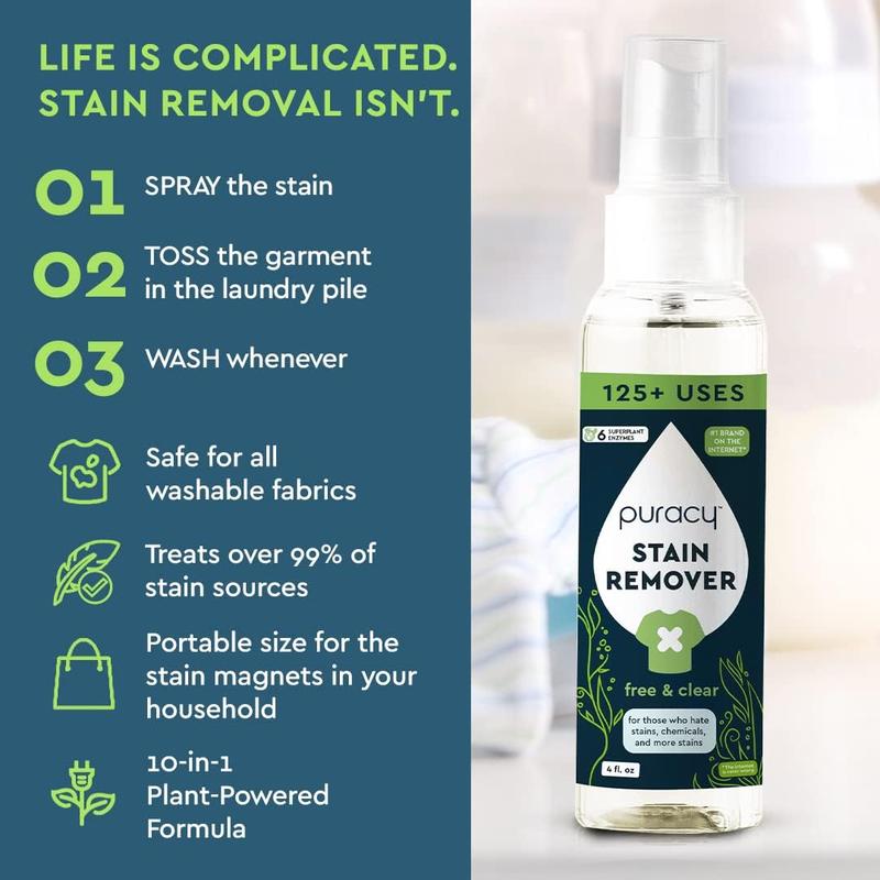 Puracy Stain Remover - Cleaning Spray, Clothes Stain Remover for Clothes, Laundry Stain Remover Spray for Clothes, Travel Stain Remover, Oil Stain Remover - Natural Spot Cleaner - Free&Clear 4 fl oz