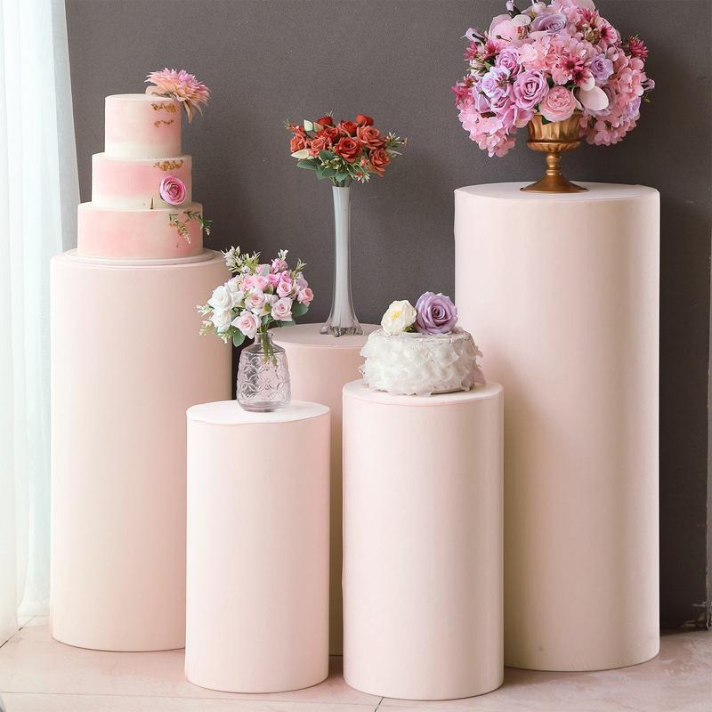 Set of 5 Blush Cylinder Stretch Fitted Pedestal Pillar Prop Covers, Spandex Plinth Display Box Stand Covers - 160 GSM