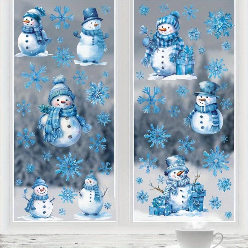 Snowman & Snowflake Pattern Window Sticker, 4 Counts set Reusable Self Adhesive Window Decal, Christmas Decorative Sticker for Home Living Room Bedroom