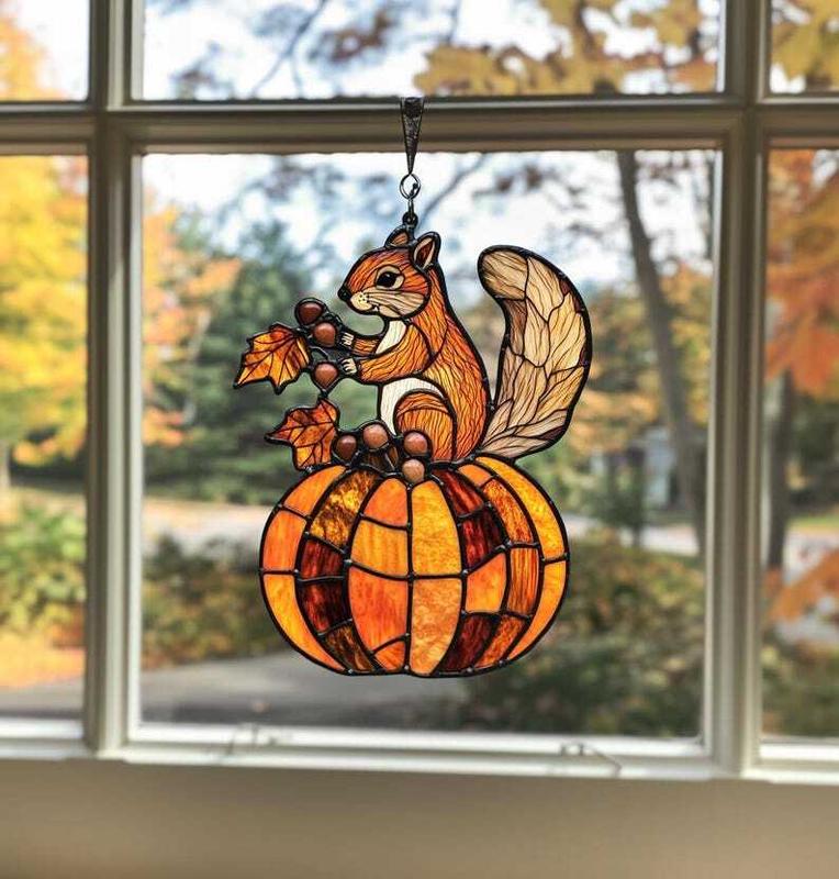 Autumn Squirrel Acrylic Window Hanging, Wild Animal Wall Art, Suncatcher Home Decor, Squirrel Ornament, Housewarming Gift for Nature Lovers