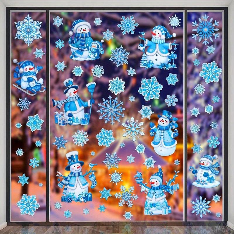 Snowman & Snowflake Pattern Window Sticker, 4 Counts set Reusable Self Adhesive Window Decal, Christmas Decorative Sticker for Home Living Room Bedroom