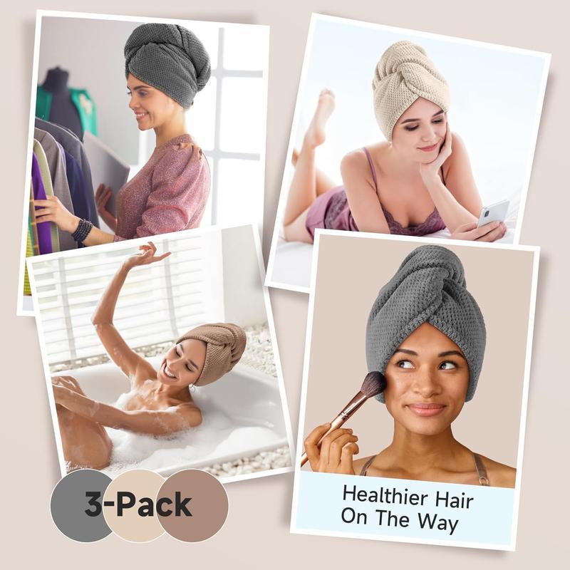 3 Pack Microfiber Hair Towel Wrap for Curly Hair, Super Absorbent Hair Drying Towel for Women, K ids, Hair Care Accessories, Hair Turban for Wet Hair (Grey, Camel, Brown)