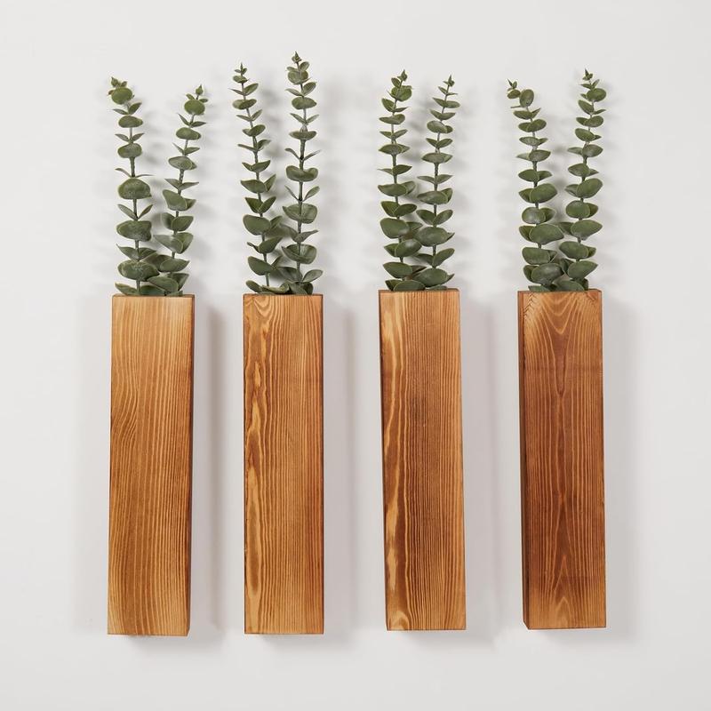 Wall Planters with Artificial Eucalyptus, Modern Farmhouse Wall Decor for Living Room, Bedroom, Bathroom, Wooden Pocket Hanging Wall Vase with Faux  Decor (4 Pack)