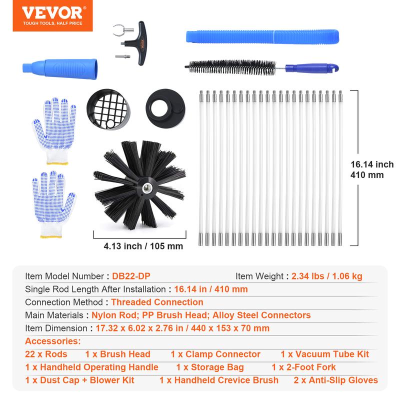 VEVOR 30 FEET Dryer Vent Cleaner Kit, 22 Pieces Duct Cleaning Brush, Reinforced Nylon Dryer Vent Brush with Complete Accessories, Dryer Cleaning Kit with Flexible Lint Trap Brush, Clamp Connectors Extendable Tool